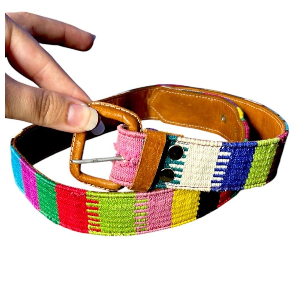 Womens Multicolor Woven Leather Belt Sz S Boho Festival Concert Aztec Southwest